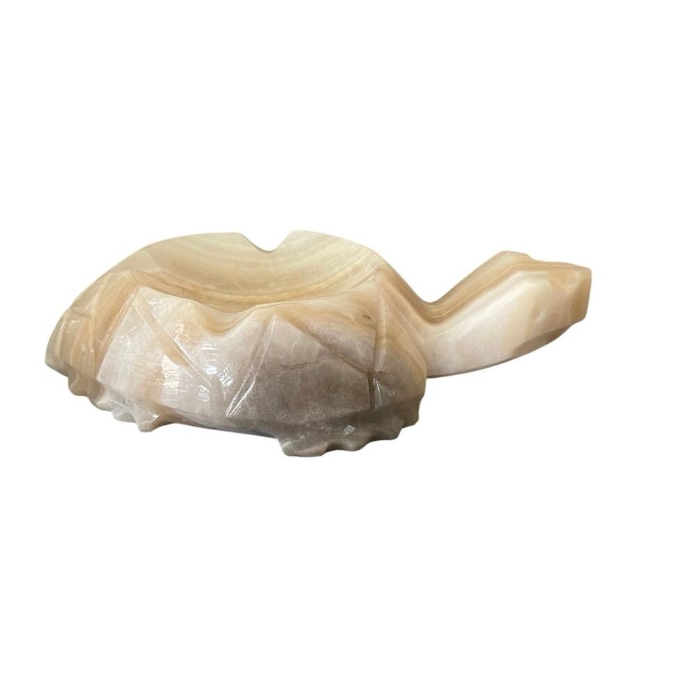 Vintage Banded Onyx Alabaster Stone Carved Turtle Ashtray Trinket Dish 6"